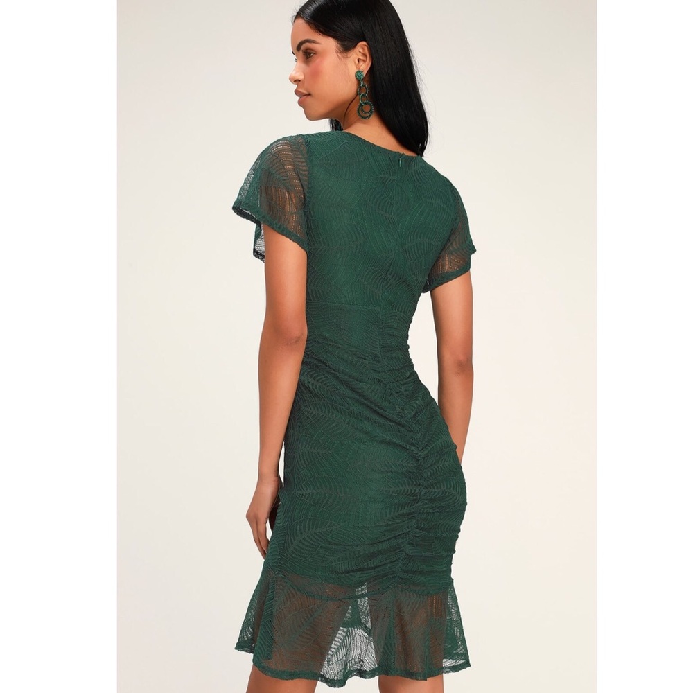 Lulus Lace Dress Bodycon Green Ruched - Picture 5 of 7